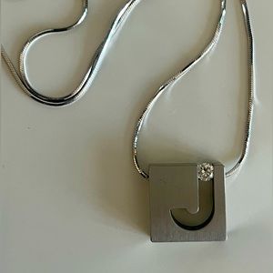 14kt white gold necklace, scrabble block J with rhinestone